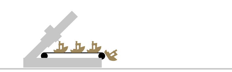 schematic representation of a belt printer producing multiple parts
